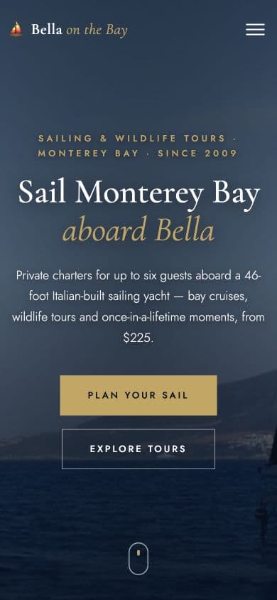Bella on the Bay website on mobile