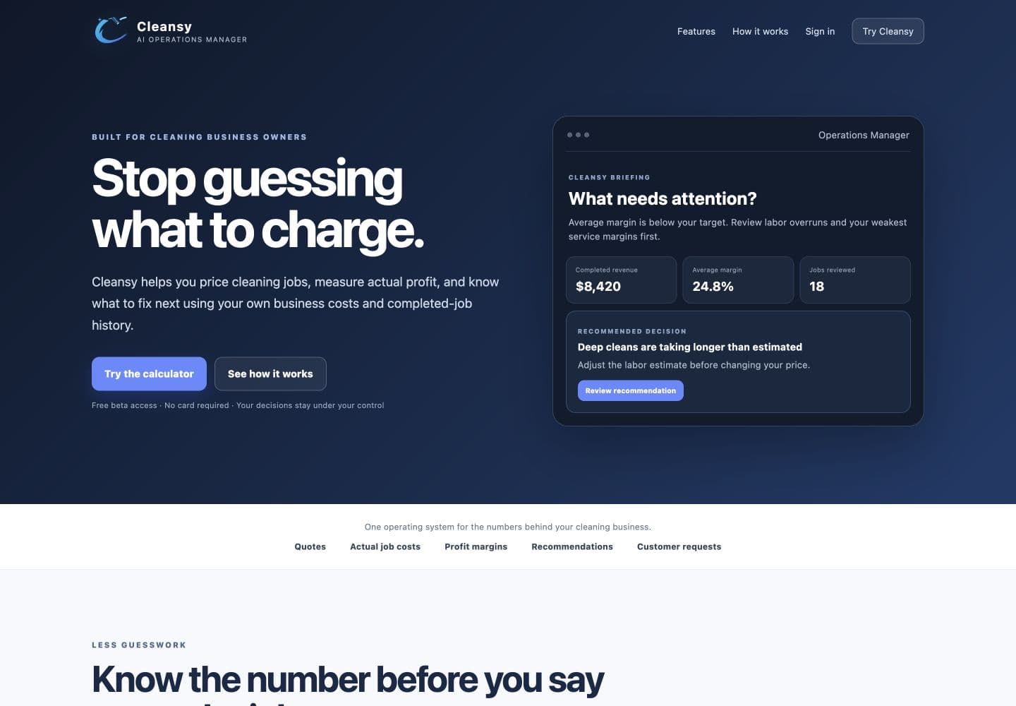 Cleansy AI Operations Manager homepage on desktop